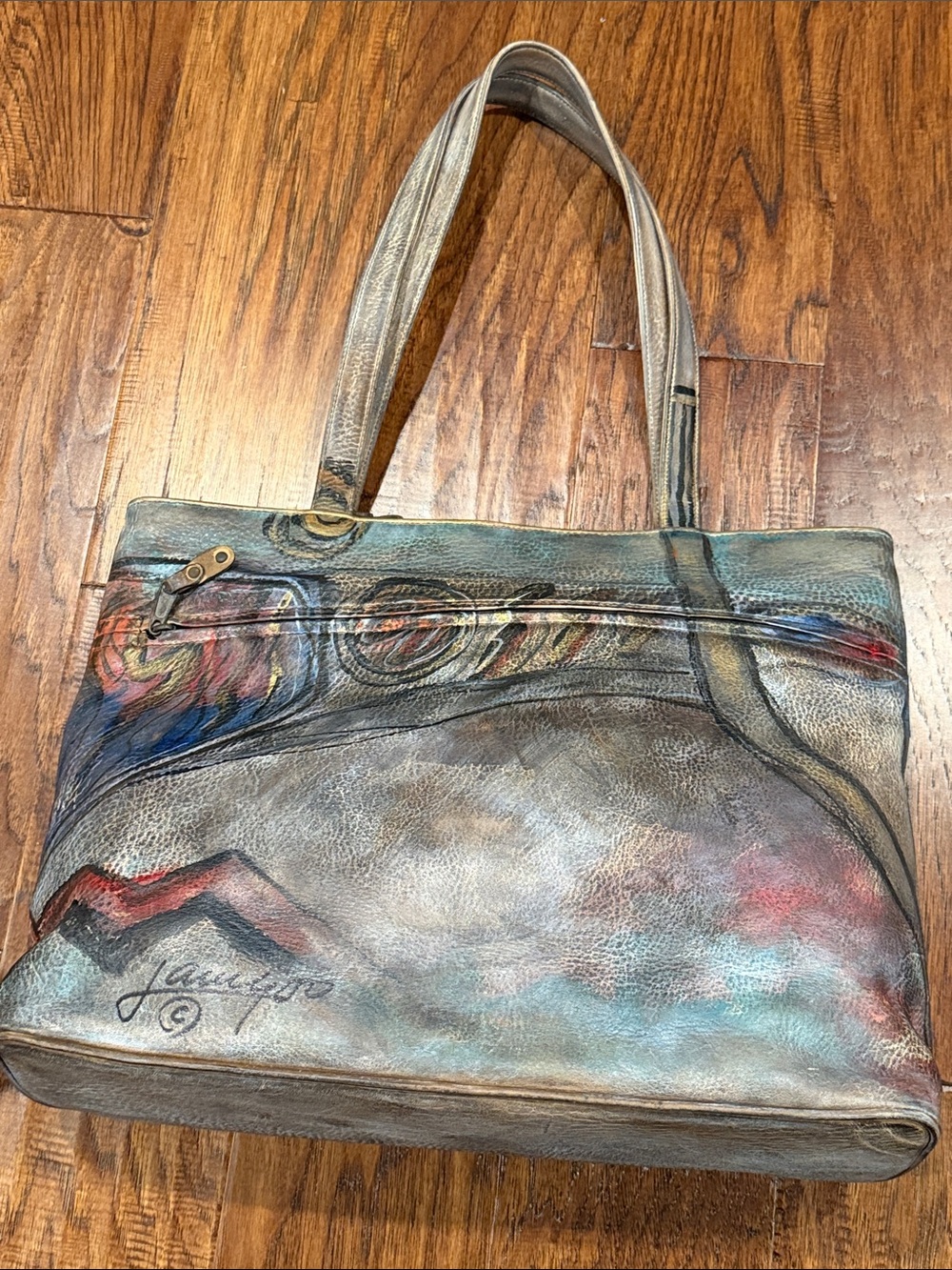 Jane Yoo Signed Hand-Painted Multi-Color Leather Tote Bag